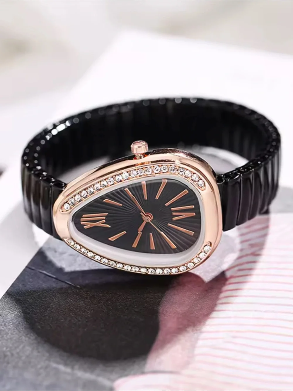 Kohl's Black Dial Teardrop Watch with Rose Gold Crystal Case